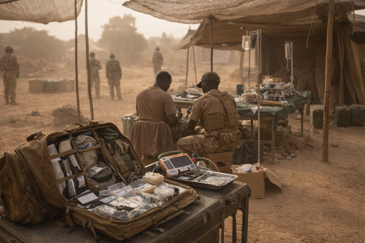 poste médical avancé sahélien avec équipe et équipements tactiques exposés aux contraintes climatiques et logistique