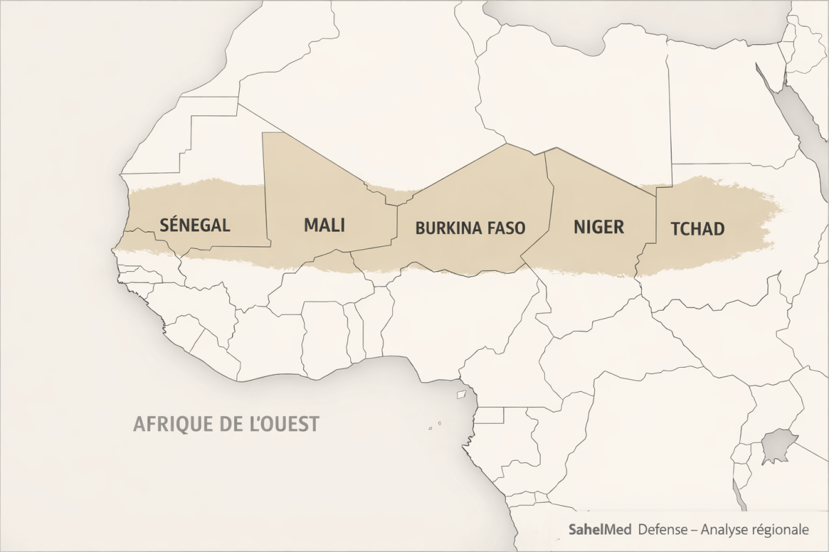 Carte géographique de la région du Sahel incluant le Sénégal, le Mali, le Burkina Faso, le Niger et le Tchad