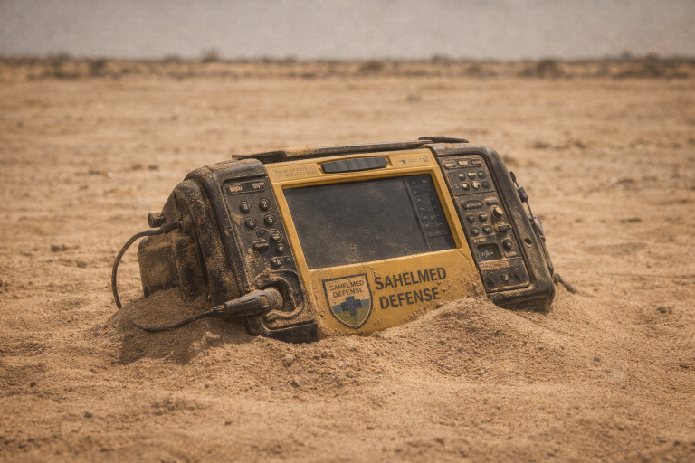 Équipement médical tactique partiellement ensablé dans un environnement désertique sahélien, illustrant un dispositif devenu inutilisable en conditions extrêmes.